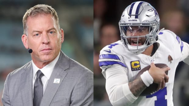 ESPN’s Troy Aikman announces a Monday night game. Cowboys quarterback Dak Prescott runs with the ball.